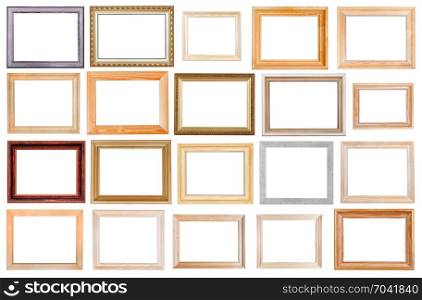 set of various wide wooden picture frames with cut out canvas isolated on white background