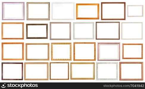 set of various wooden picture frames with cut out canvas isolated on white background