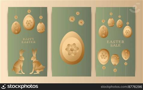 Set of vector illustrations, story templates, postcards, Easter theme, rabbits, wreaths and flowers, Easter eggs. Gradient, postcards with words, wishes for happy Easter