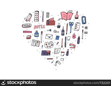 Set of vector office supplies. Heart composition of school things. Collection of stationery in doodle style.