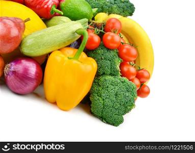 Set of vegetables and fruits isolated on a white background. Free space for text.