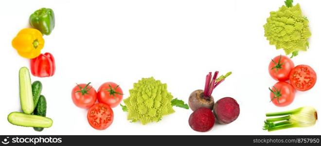 Set of vegetables isolated on white background. Collage. Free space for text. Wide photo.