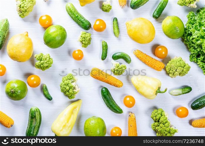 Set of vegetables on table. Top view fresh vegetables and fruits on white wooden background