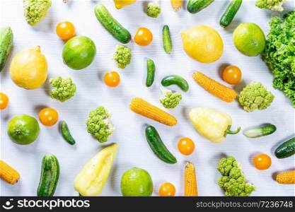 Set of vegetables on table. Top view fresh vegetables and fruits on white wooden background
