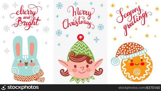 Set of vertical christmas cards with cute rabbit, santas elf and gingerbread man vector illustration. Christmas lettering. For print, design, fabric, porcelain, bed linen, decor and party, stickers. Set of vertical christmas cards with characters vector illustration