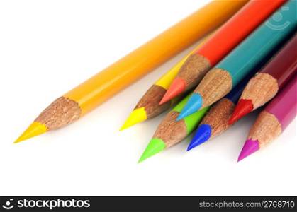 Set of vibrant rainbow colored pencils isolated on white background.