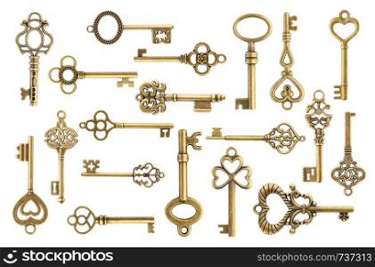 Set of vintage golden skeleton keys isolated on white background