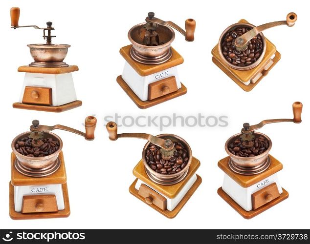 set of vintage manual copper coffee mill isolated on white background