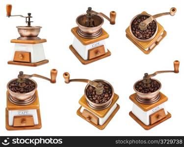 set of vintage manual copper coffee mill isolated on white background