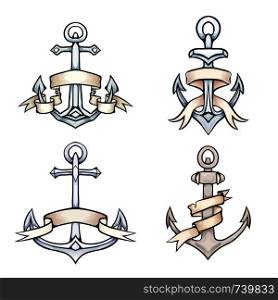 Set of vintage multicolored cartoon anchors with paper ribbon. Hand drawn illustration. Vector element for tattoos, print for t-shirts, coloring, emblems and for your design.. Set of vintage multicolored cartoon anchors with paper ribbon. Hand drawn illustration.