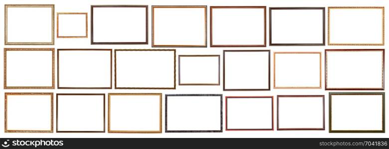 set of vintage narrow wooden picture frames with cut out canvas isolated on white background