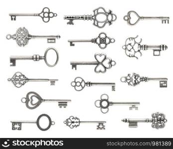 Set of vintage silver skeleton keys isolated on white background