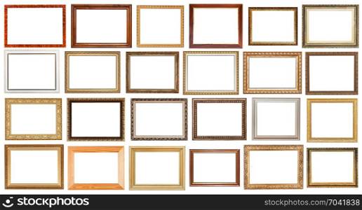 set of vintage wide wooden picture frames with cut out canvas isolated on white background
