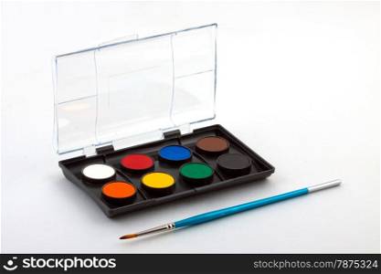 Set of water colour paints and brush for drawing on a white background