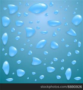 Set of Water Drops Isolated on Blue Background. Set of Water Drops