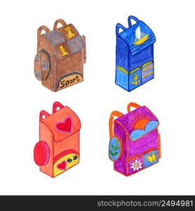 Set of watercolor backpacks isolated on white background. Education concept. Hand drawn set of school backpacks.