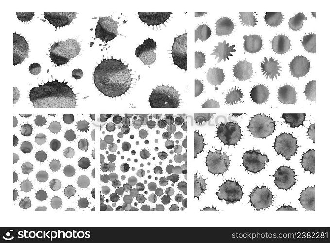 Set of watercolor black blobs isolated on white background. Watercolor splashes design. Abstract hand drawn watercolor blots background.. Watercolor black blobs set isolated on white
