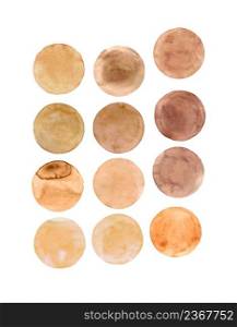 Set of watercolor blobs, isolated on white background. Hand painted isolated brown circles set.. Brown watercolor circles