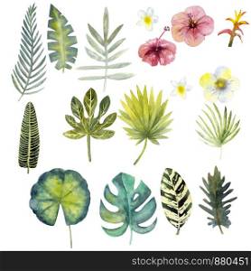 Set of watercolor colorful tropical leaves. 17 clipart for your creativity. Set of watercolor colorful tropical leaves. 17 clipart.