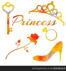 Set of watercolor elements princess. Rose, diadem, key, ring and shoe. For postcards decoration. Set of watercolor elements princess. Rose, diadem, key, ring and shoe.