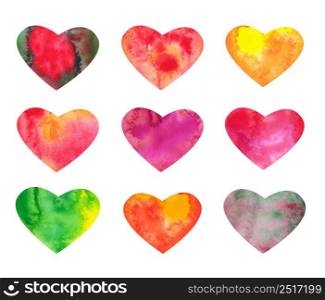 Set of watercolor hearts. Details for valentine day or wedding designs. Isolated watercolor hearts on white background.