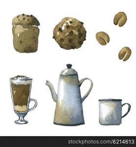 Set of watercolor illustrations on the theme of coffee.