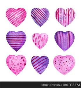 Set of watercolor pink and purple hearts. Delicate lilac background with paper texture with straight and wavy lines, dots and strokes. For wedding invitations and designs for Valentine&rsquo;s Day.. Set of watercolor pink and purple hearts.