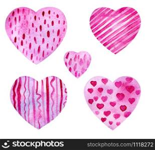 Set of watercolor pink hearts. Delicate lilac background with paper texture and diagonal strokes, lines and dots and hearts. For wedding invitations and designs for Valentine&rsquo;s Day.. Set of watercolor pink hearts.