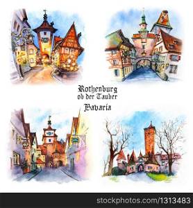 Set of watercolor sketches of medieval old town of Rothenburg ob der Tauber, Bavaria, Germany. Rothenburg ob der Tauber, Germany