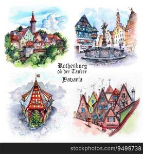 Set of watercolor sketches of medieval old town of Rothenburg ob der Tauber, Bavaria, Germany. Set of Rothenburg ob der Tauber, Bavaria, Germany