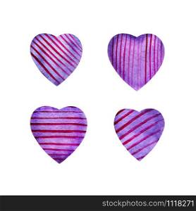 Set of watercolor violet hearts. Delicate lilac background with paper texture with pink vertical, horizontal and diagonal lines. For wedding invitations and designs for Valentine&rsquo;s Day.. Set of watercolor violet hearts.