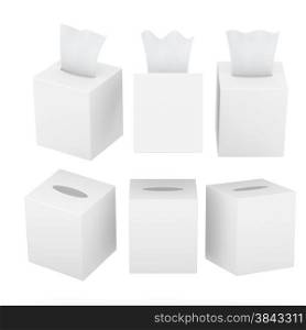 Set of white blank square size of napkin or tissue boxes with clipping path. Mock up packaging for your design and artwork.&#xA;