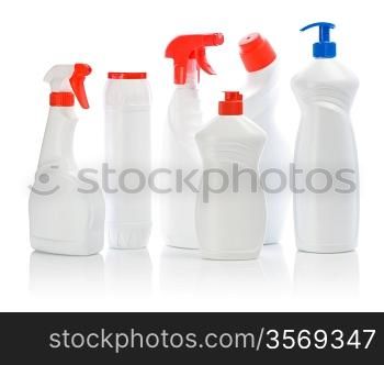 set of white cleaners with colored covers