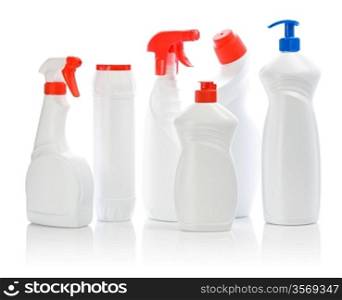 set of white cleaners with colored covers