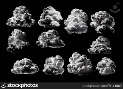 Set of white cloud isolated on white background, created with generative AI