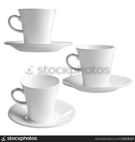 set of white coffee cups on white background.