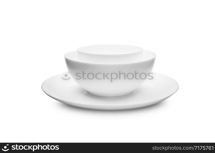 Set of white dishes on table on light background. With clippig path