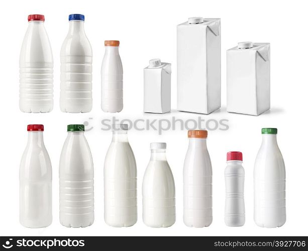 set of White milk bottles isolated on white background