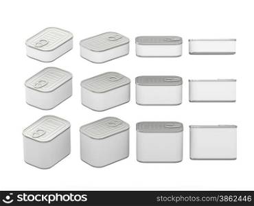 Set of white rectangle tin cans in various sizes . General can packaging with white blank label for variety food product ,ready for your design or artwork, clipping path included&#xA;