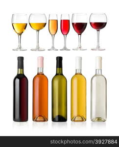 Set of white, rose, and red wine bottles and glas. isolated on white background