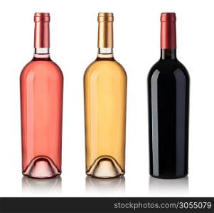 Set Of White, Rose, And Red Wine Bottles. Isolated On White Background. Set Of Wine Bottles