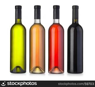 Set of white, rose, and red wine bottles.isolated on white background
