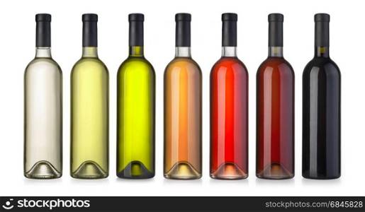 Set of white, rose, and red wine bottles.isolated on white background