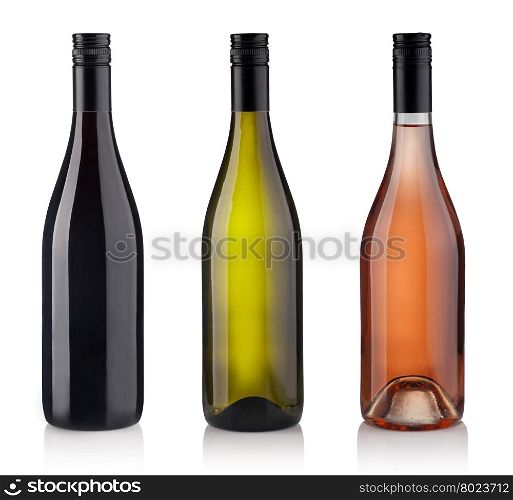 Set of white, rose, and red wine bottles. isolated on white background