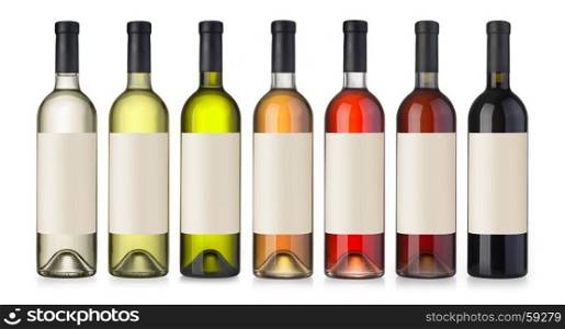 Set of white, rose, and red wine bottles.isolated on white background with label