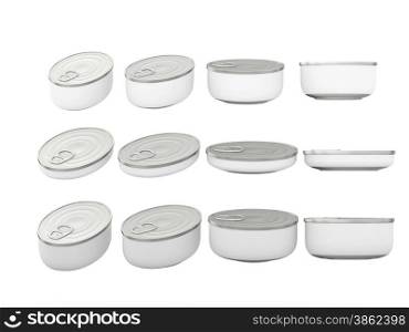 Set of white round bottom oval tin cans in various sizes . General can packaging with white blank label for variety food product ,ready for your design or artwork, clipping path included&#xA;
