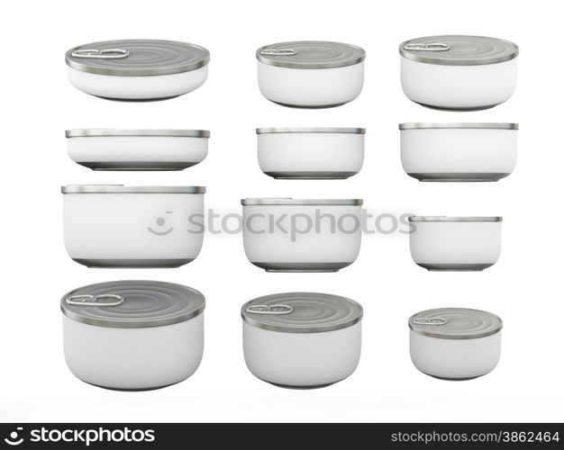 Set of white round bottom tin cans in various sizes . General can packaging with white blank label for variety food product ,ready for your design or artwork, clipping path included&#xA;