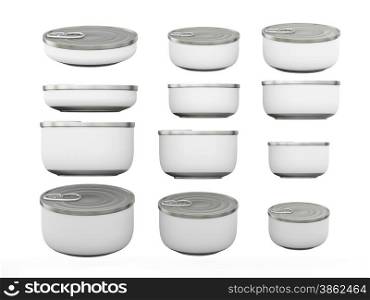 Set of white round bottom tin cans in various sizes . General can packaging with white blank label for variety food product ,ready for your design or artwork, clipping path included&#xA;