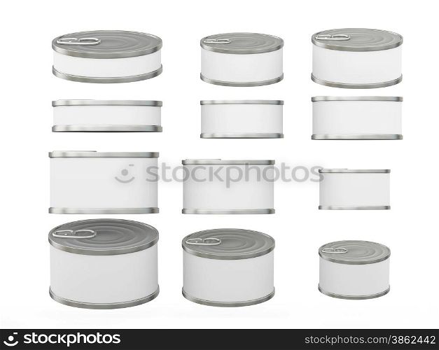 Set of white short cylindrical tin cans in various sizes . General can packaging with white blank label for variety food product ,ready for your design or artwork, clipping path included&#xA;