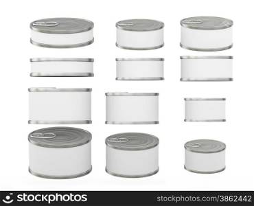 Set of white short cylindrical tin cans in various sizes . General can packaging with white blank label for variety food product ,ready for your design or artwork, clipping path included&#xA;